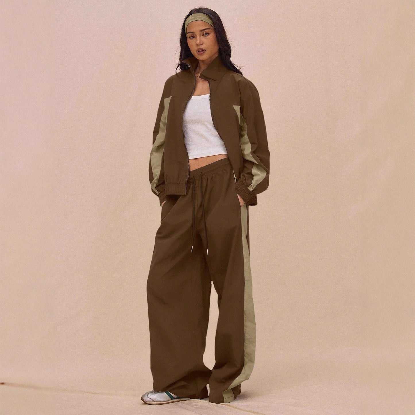 Stylish Womens Striped Zip-Up Jacket And Lace-Up Pants Set