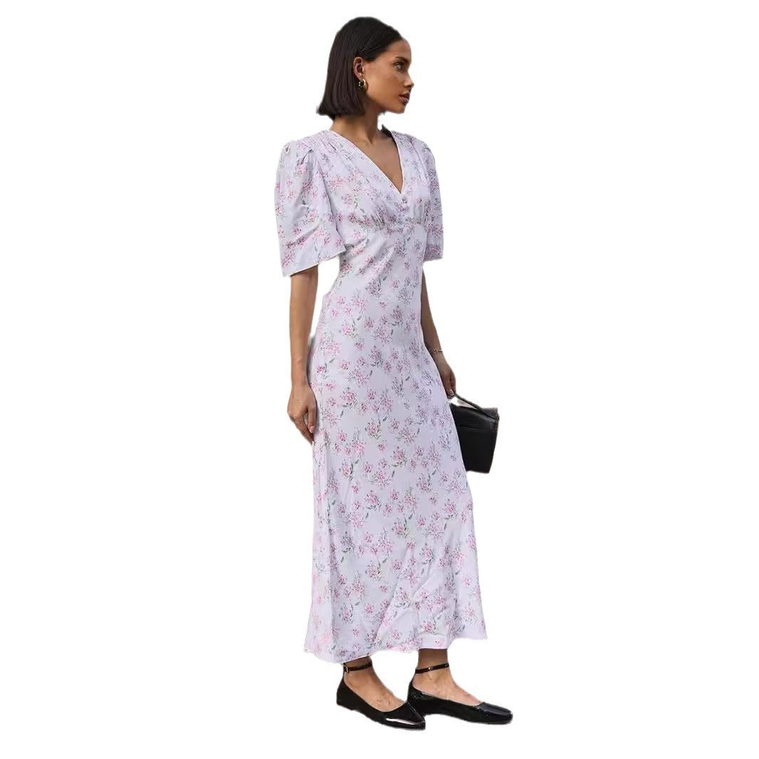 Summer New V-Neck Straight Shoulder High-Waisted Long Floral Print Dress