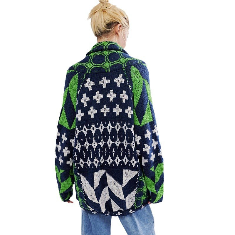Abstract Print Turn-Neck Loose-Fit Long-Sleeve Knitted Sweater For Women