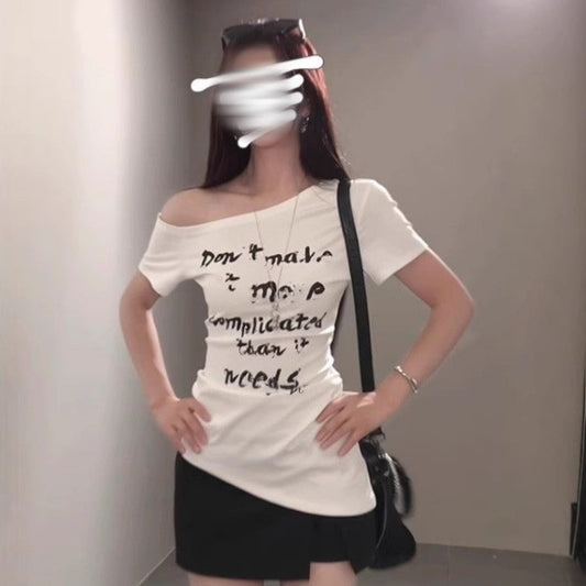 American-style Asymmetrical White Letter-print Off-shoulder Short-sleeve T-shirt
