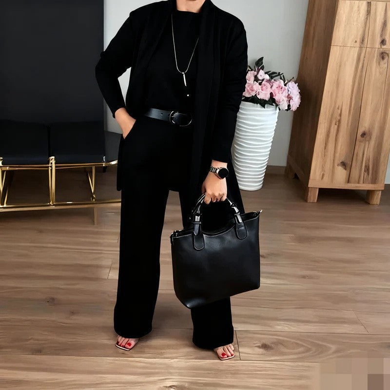 Womens 3-Piece Solid-Color Crew-Neck Long-Sleeve Top Set