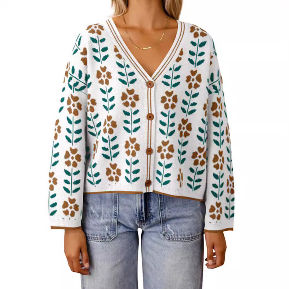 European And American Ladies Single-breasted Long Sleeve Flower Sweater
