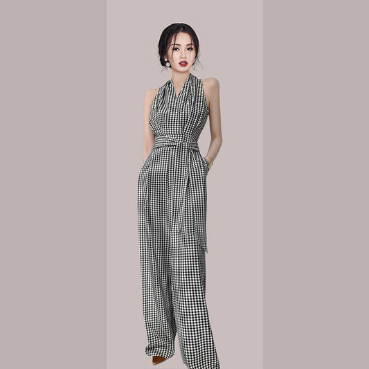 Slim Dress Jumpsuit Wide-leg Pants Plaid