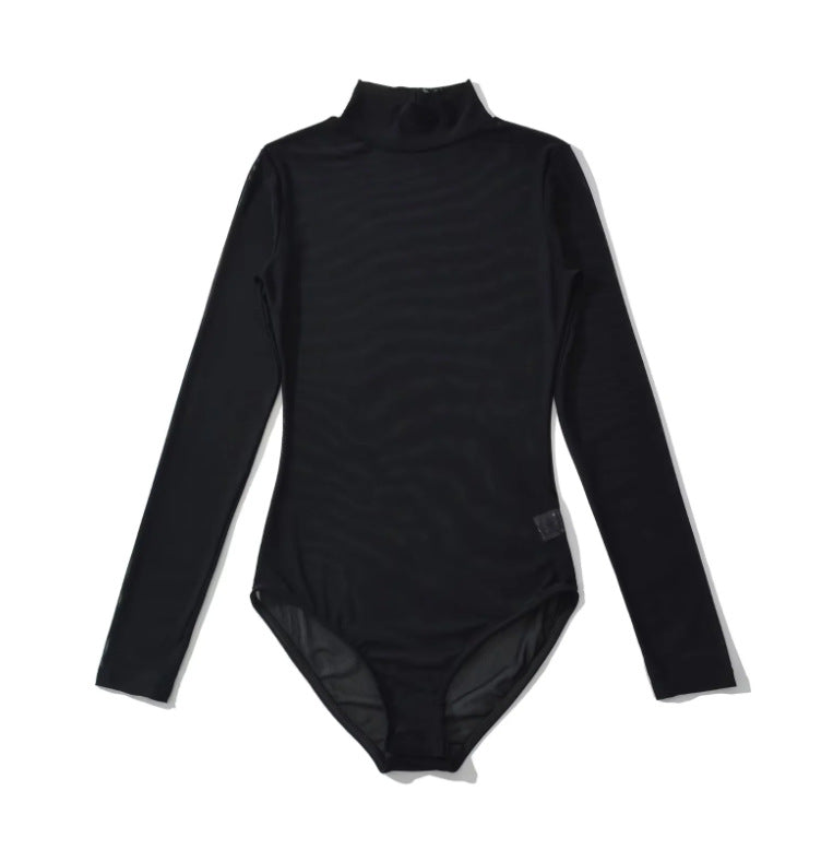 Women's Mesh Sheer Crew-Neck Long-Sleeve Jumpsuit