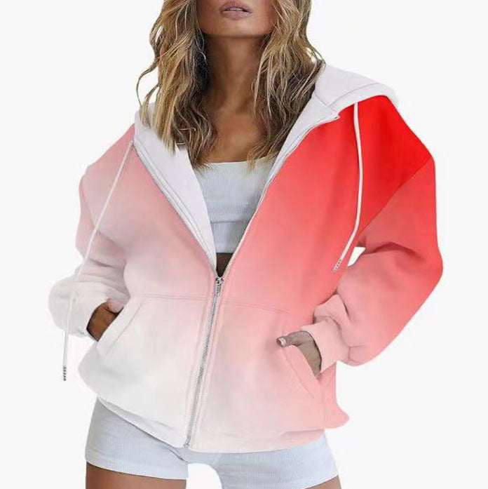 Gradient 3D Digitalprint Casual Langærmet Lynlås Hættetrøje Sweater Til Kvinder