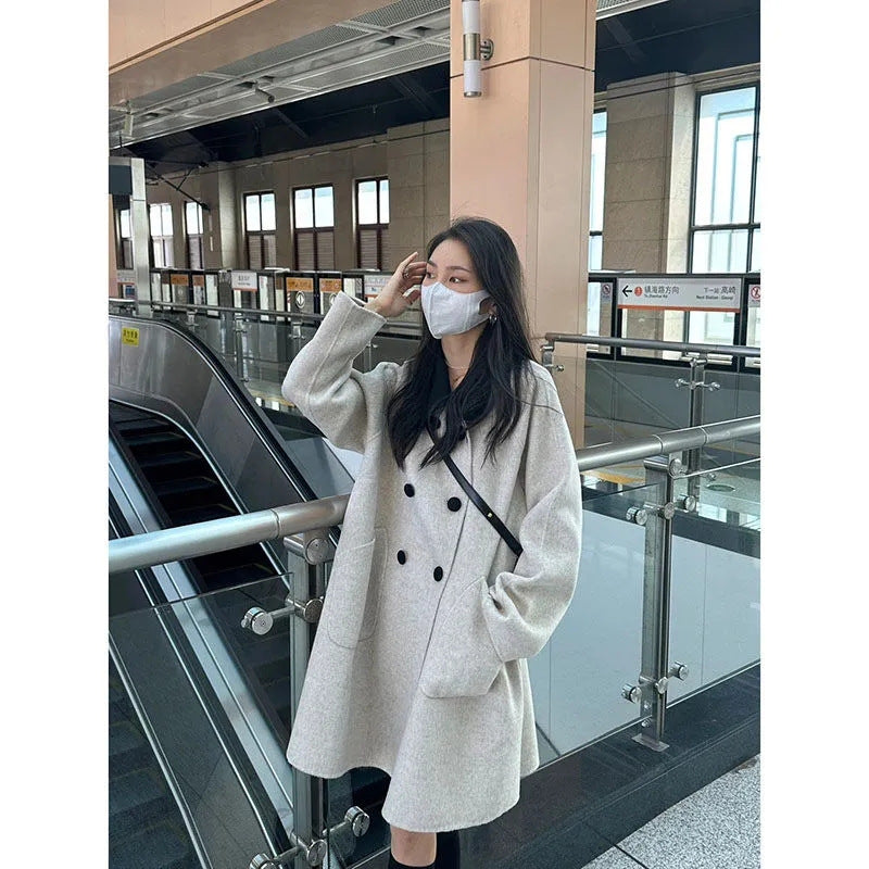 Contrast Color Lapels Dignified Sense Of Design Coat Woolen Mid-length