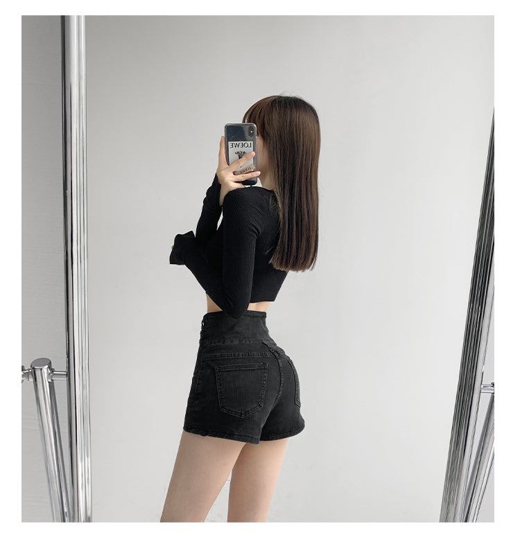 Small Man Waist Cross Woven Super High Waist Tummy Denim Shorts Women