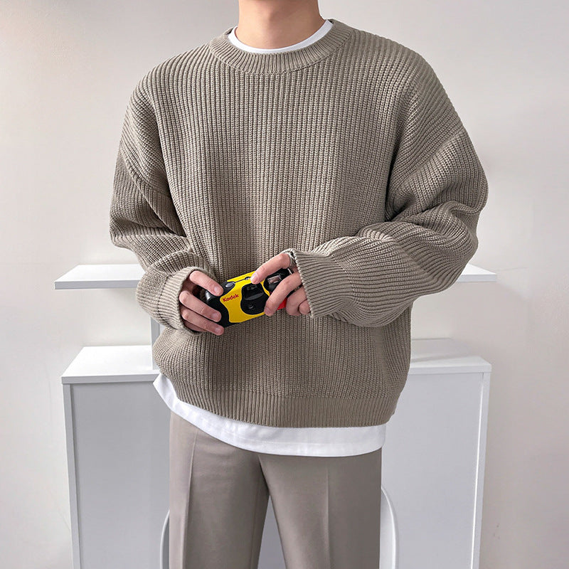 Crew Neck Men's Loose Slouchy Versatile Solid Color Sweater