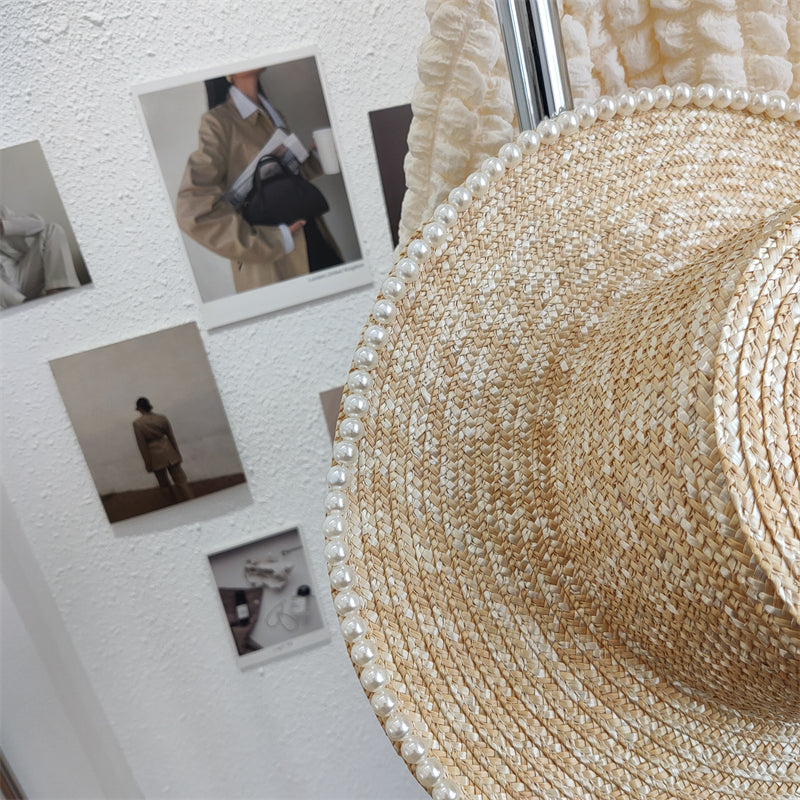 Women's Hand Sewn Pearl Flat Top Straw Hat