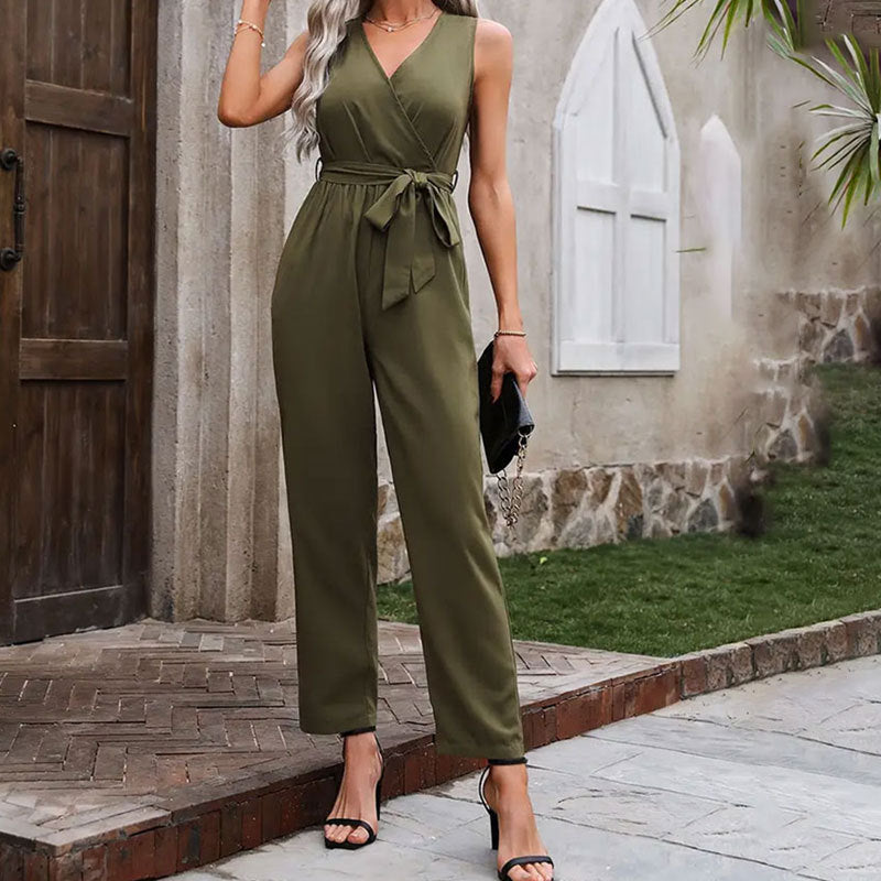 Elegant Commuter Sleeveless Cross Collar Waistline Lace-Up Jumpsuit