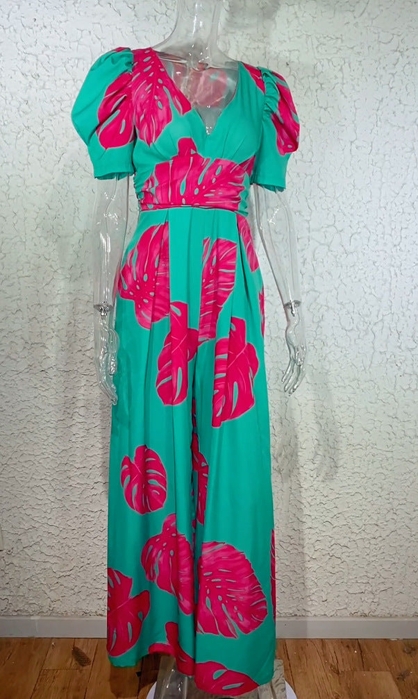 Casual V-neck Waist Wide Leg Jumpsuit For Women