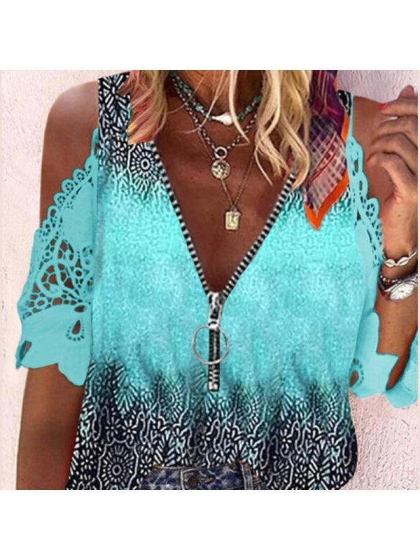Printed V-neck Short Sleeved Casual Shirt Top