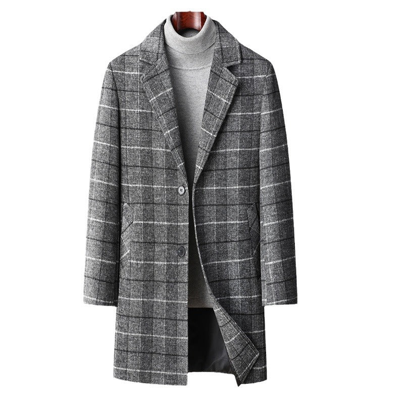 Autumn And Winter Woolen Coat Men's Mid-length Business Casual Plaid Cotton And Thickening Woolen Coat