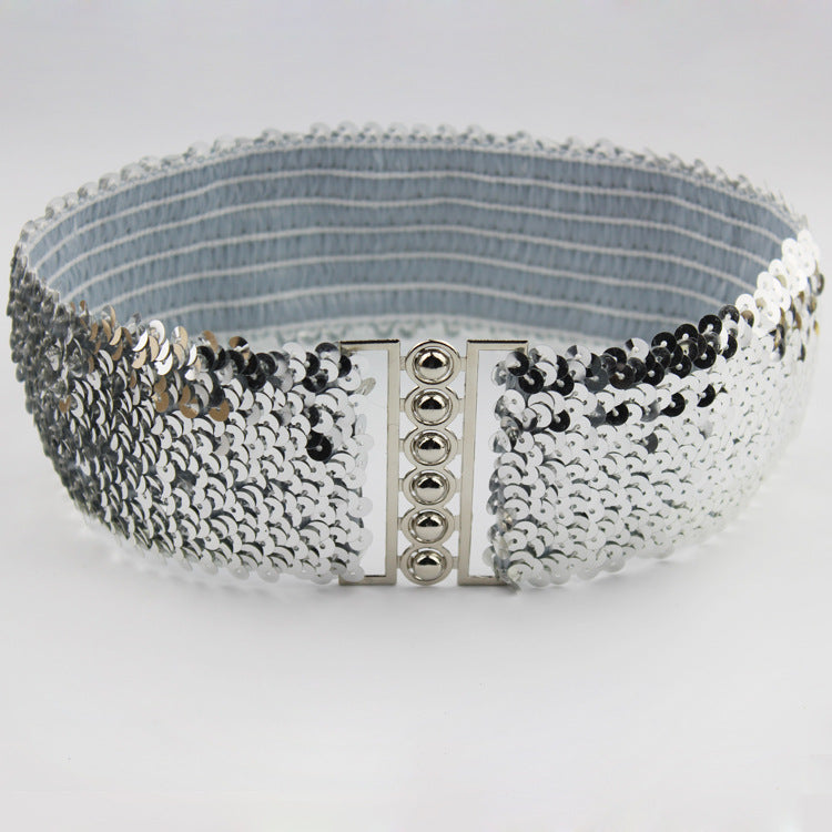 European And American Style Sequins Elastic Waistband Women's A Pair Of Buckles Mirror Fashion Style