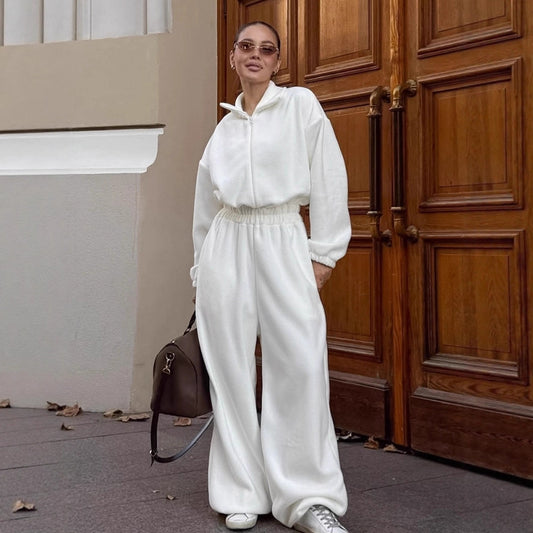 European And American Street Casual White Polar Fleece Jumpsuit