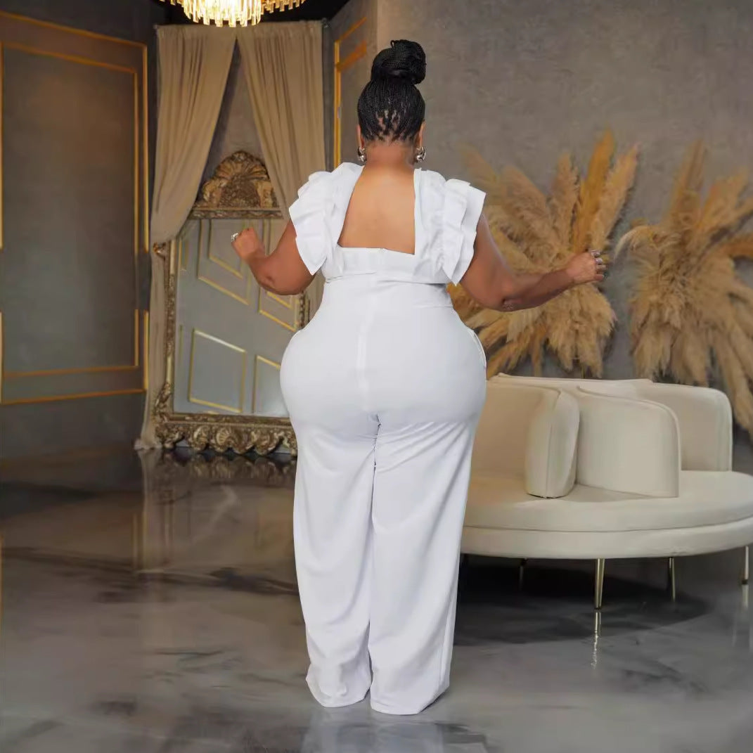 Plus Size Strappy Lace Stretchy Slim Wide Leg Jumpsuit