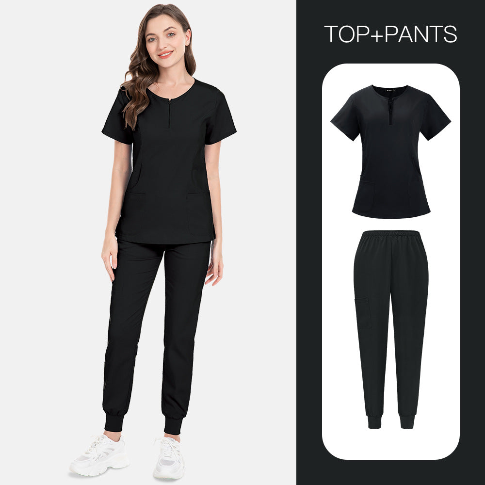 Zip-front Half-zip Collar Scrub Cream Set With Long Pants