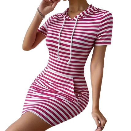 Fashionable Resort-Style Striped Drawstring Hooded Slim-Fit Dress