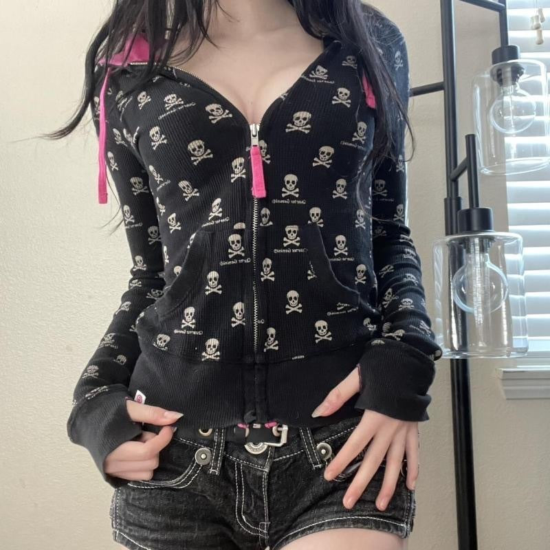 Women's Punk Black Skull Print Hoodie Coat