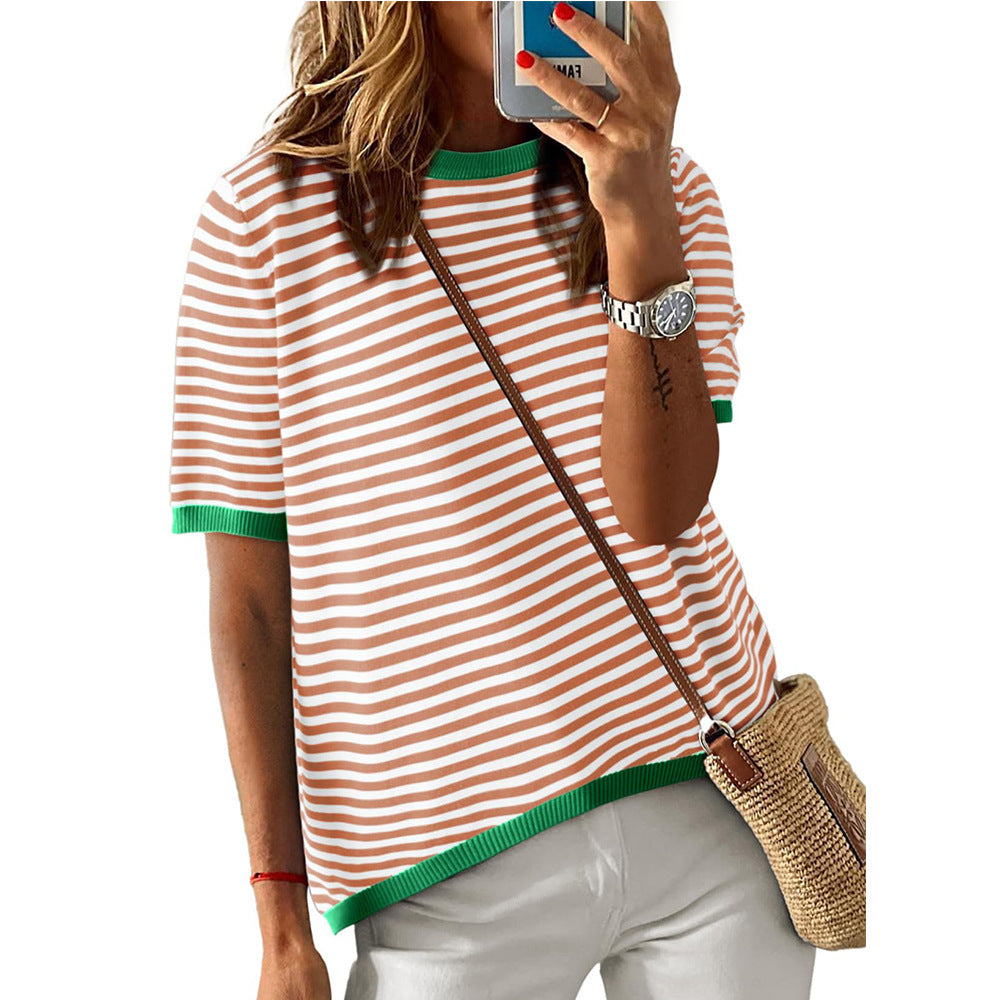 Women's Round Neck Striped Contrast Color Short Sleeve Casual