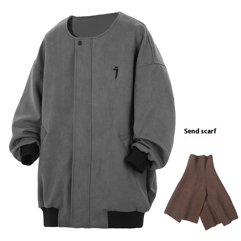 Suede Round Neck Cardigan Coat Men's Baggy Casual Jacket Free Scarf