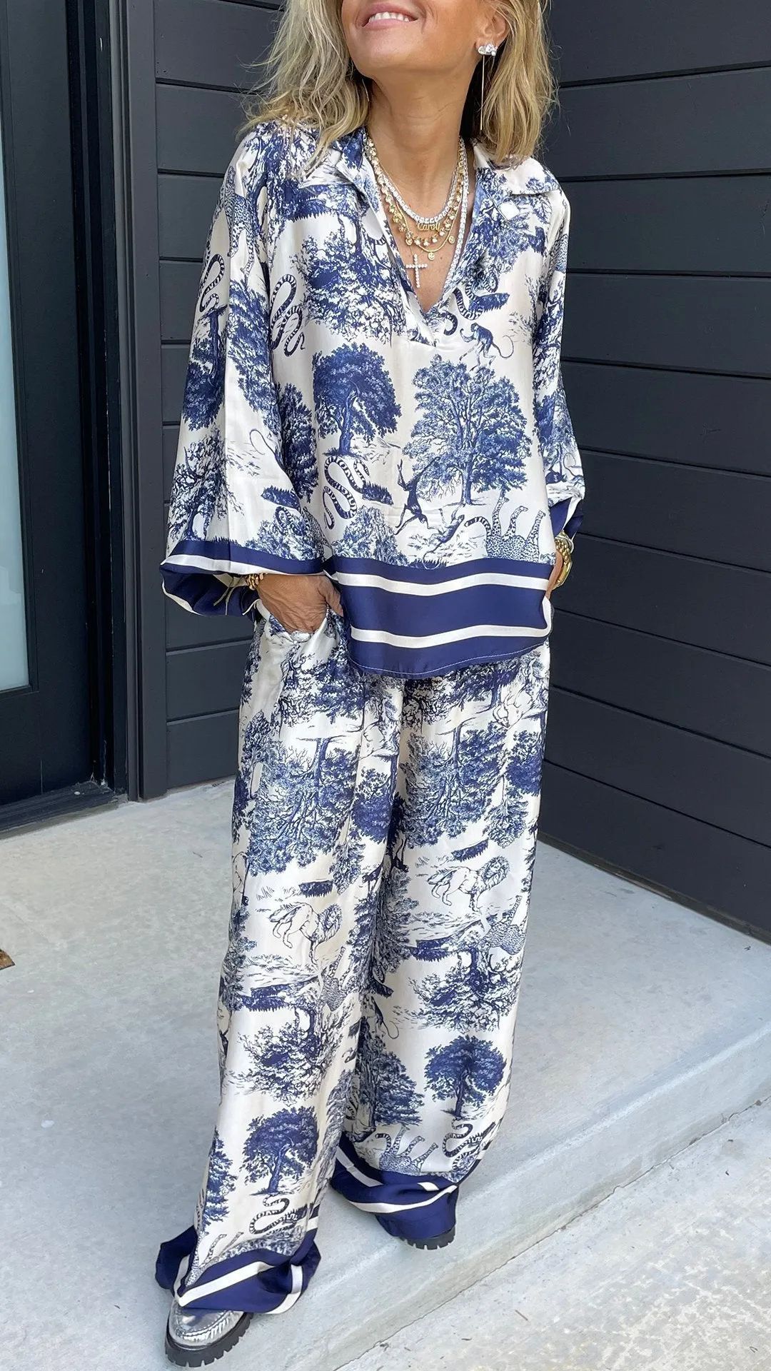 Expert V-neck Printed Long Sleeve Pocket Casual Women's Suit