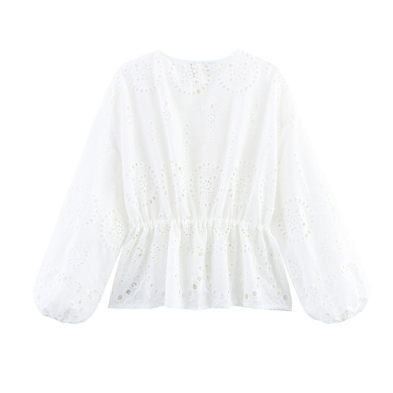 Women's Embroidered Lantern Sleeve Waist-controlled Top
