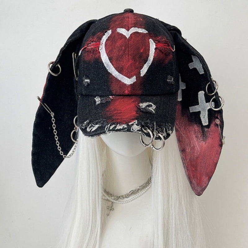 Rabbit-ear Cap With A Snapback Brim Denim-washed With Graffiti Design