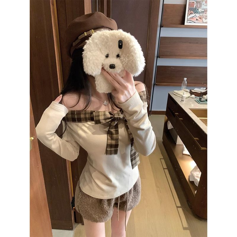 Stylish Plaid Patchwork Halterneck T-shirt With A Unique Brushed Texture
