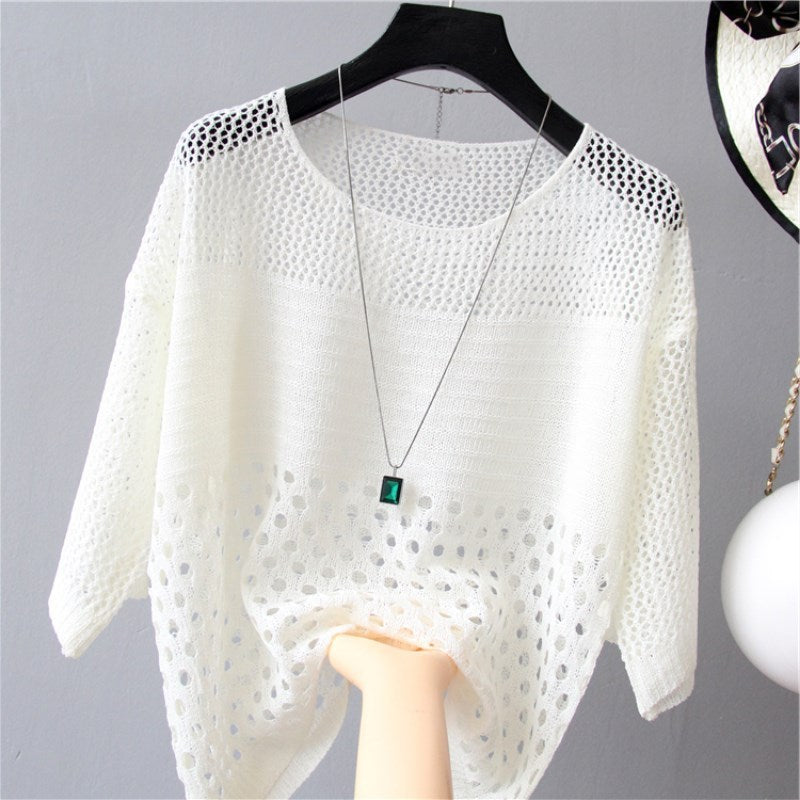 New Women's Loose Scoop Neck Thin Hollow Knit Blouse