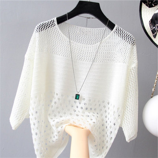 New Women's Loose Scoop Neck Thin Hollow Knit Blouse