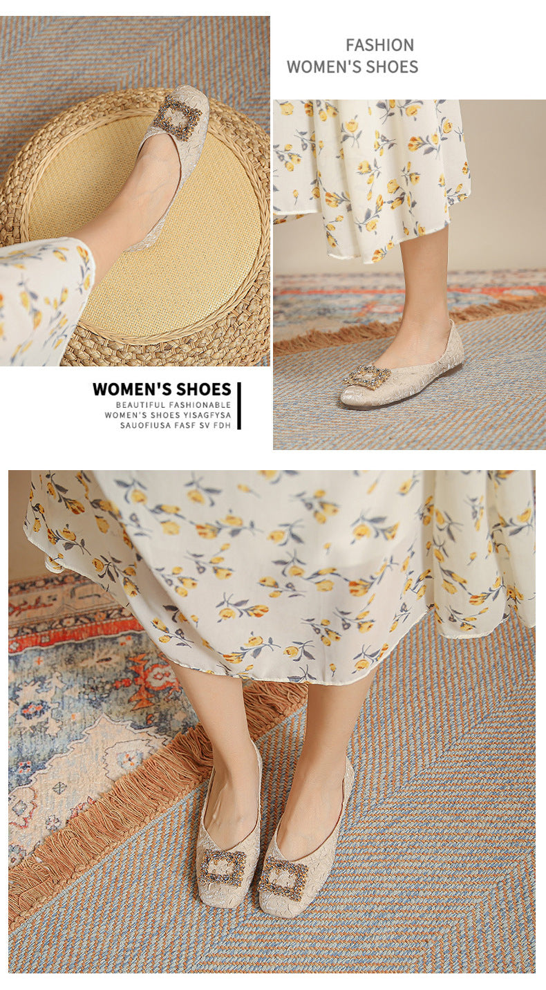 Women's Flat Bottom Shallow Mouth Square Toe Soft Leather Shoes