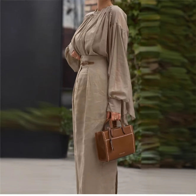 Elegant French-style Long-sleeve Solid-color Shirt For Independent Online Stores Long Skirt