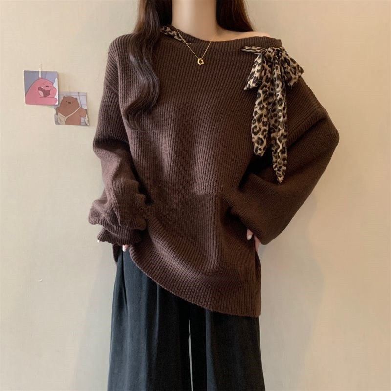 Women's American-style Vintage Leopard Print Off-shoulder Sweater