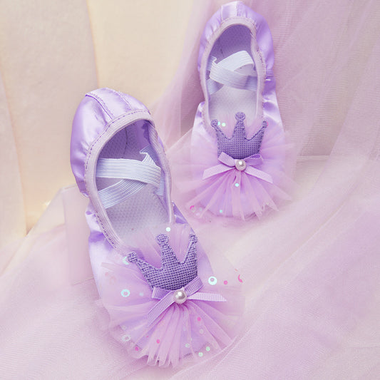 Satin Crown Dancing Shoes Girl Soft Bottom