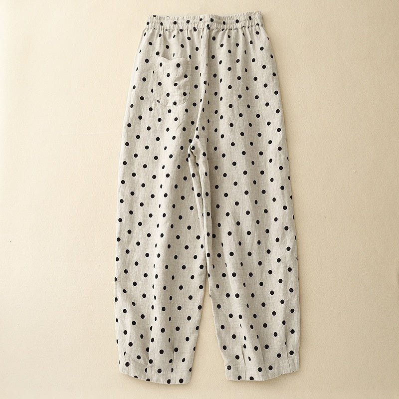 Cotton Hemp Polka Dots Tied Elastic Waist Harem Pants For Women