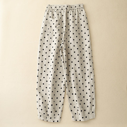 Cotton Hemp Polka Dots Tied Elastic Waist Harem Pants For Women