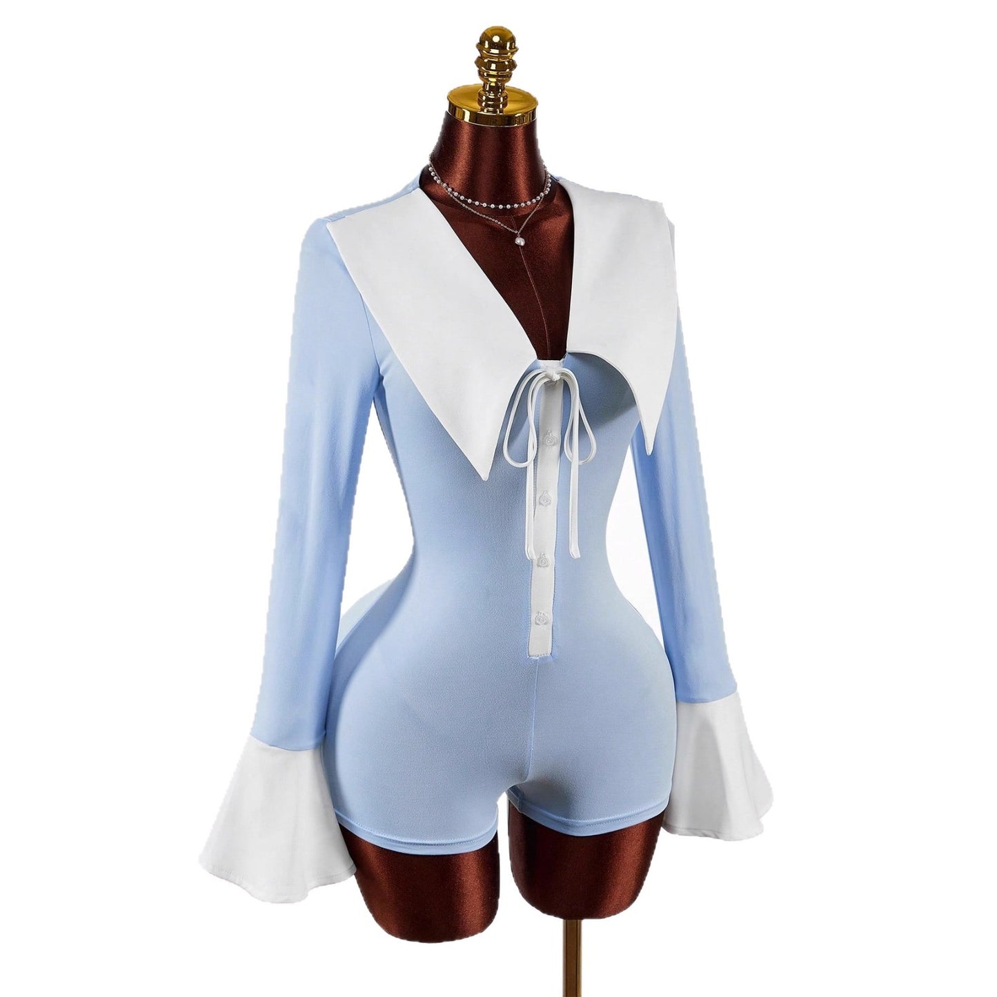 Turn-down Collar Bow-Knot Design Slimming Sweet Cinched Jumpsuit For Women