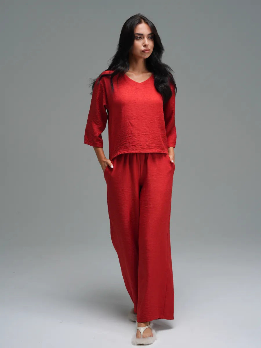 Womens Casual Two-Piece Set Fashionable Solid-Color Loose Cropped-Sleeve Wide-Leg Pants Suit