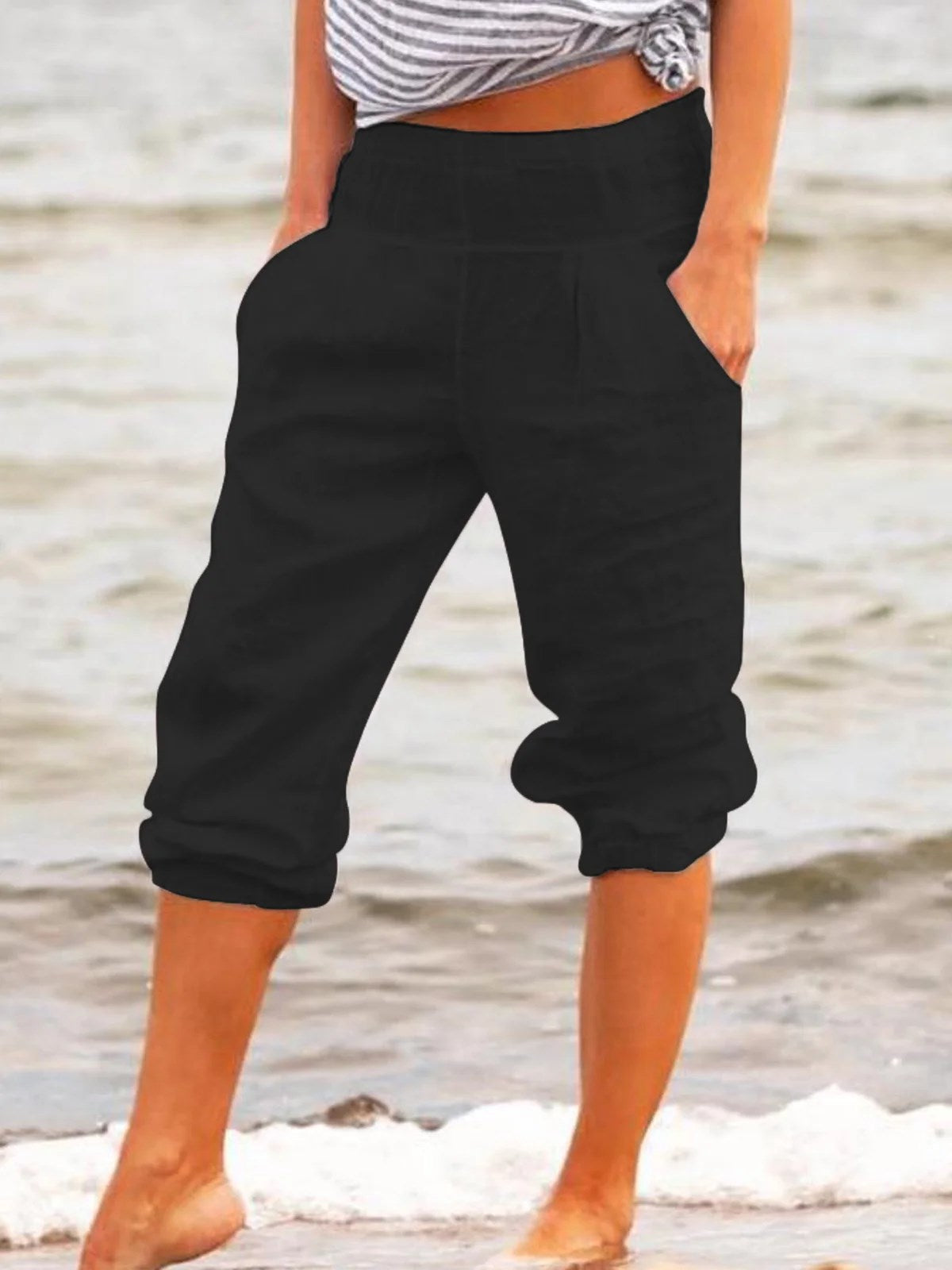 Casual Solid Color Cotton And Linen Cropped Trousers
