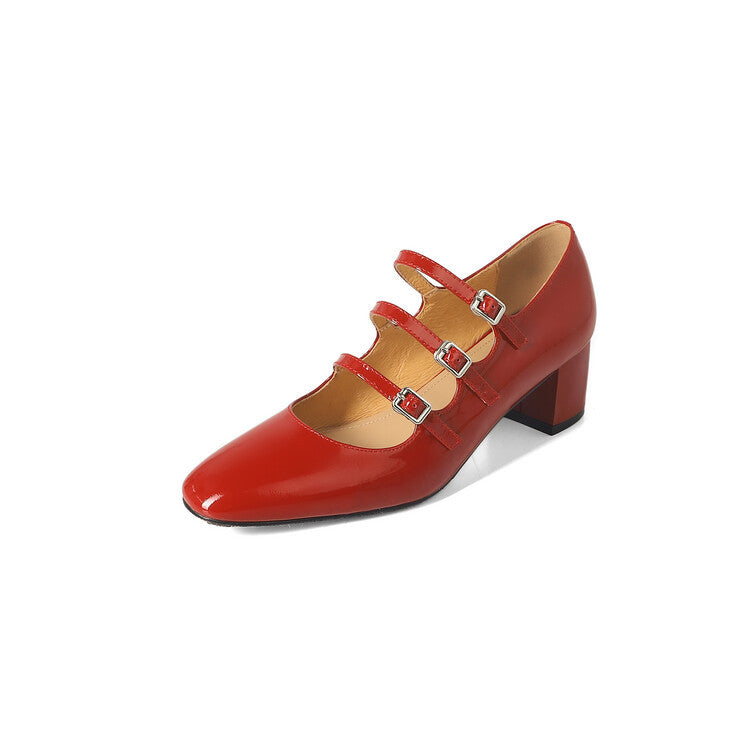 Women's Round Toe Buckle Thick Mid Heel Pumps Shoes
