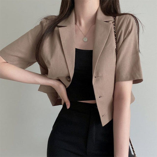 Solid Color Short Sleeved Cotton Linen Small Suit For Women's Leisure