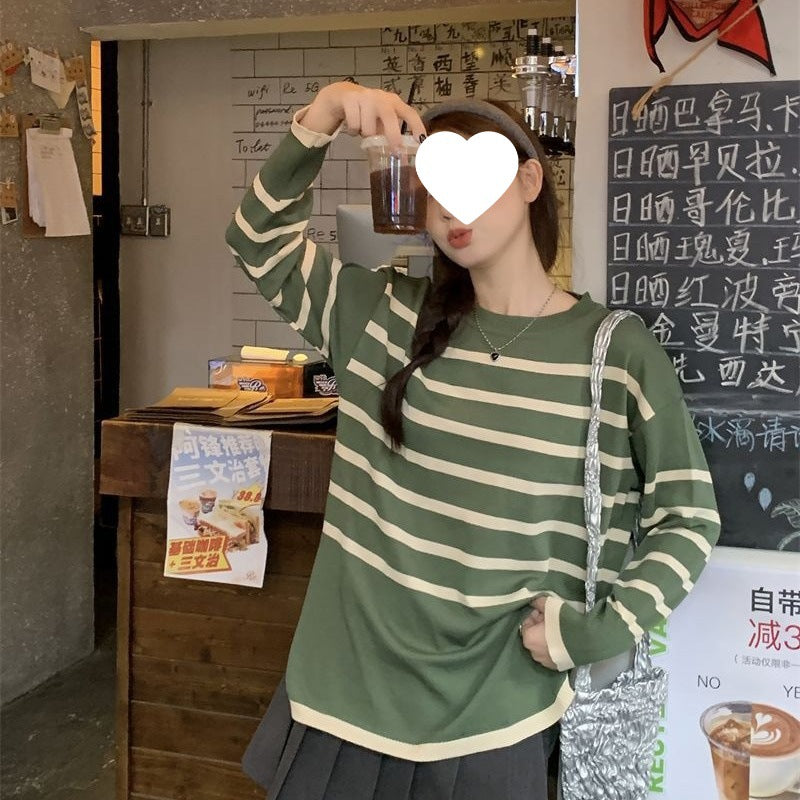 Idle Style Retro Striped Crew Neck Long Sleeves Knitwear