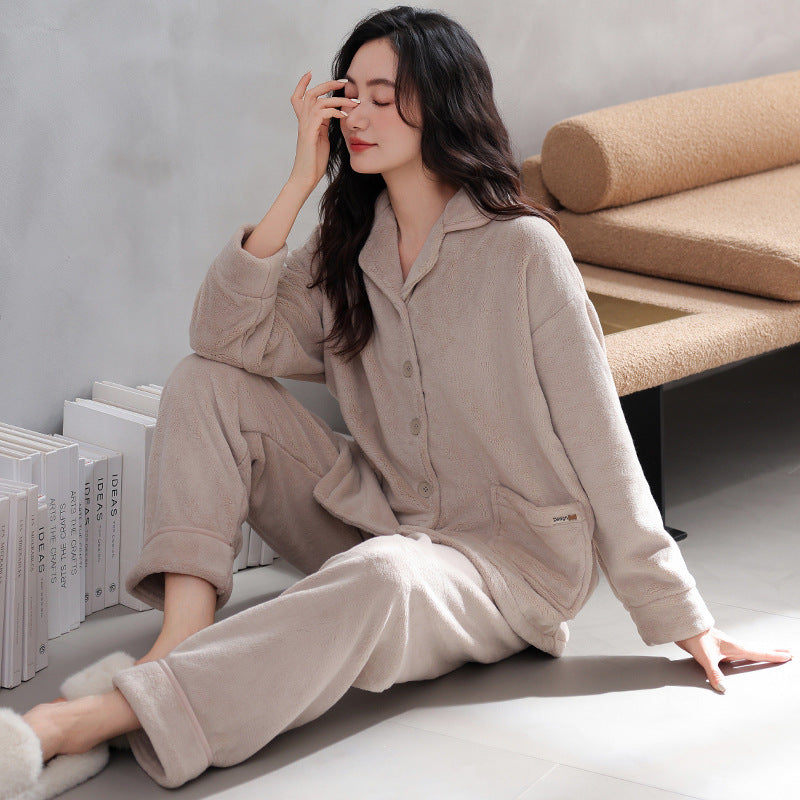 Womens Flannel Pajama Set With Thick Fleece Lining
