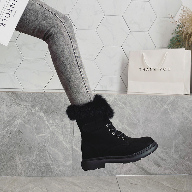 020 Winter British Snow Boots Women Plus Velvet Thick Rabbit Fur