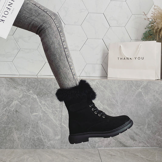 020 Winter British Snow Boots Women Plus Velvet Thick Rabbit Fur