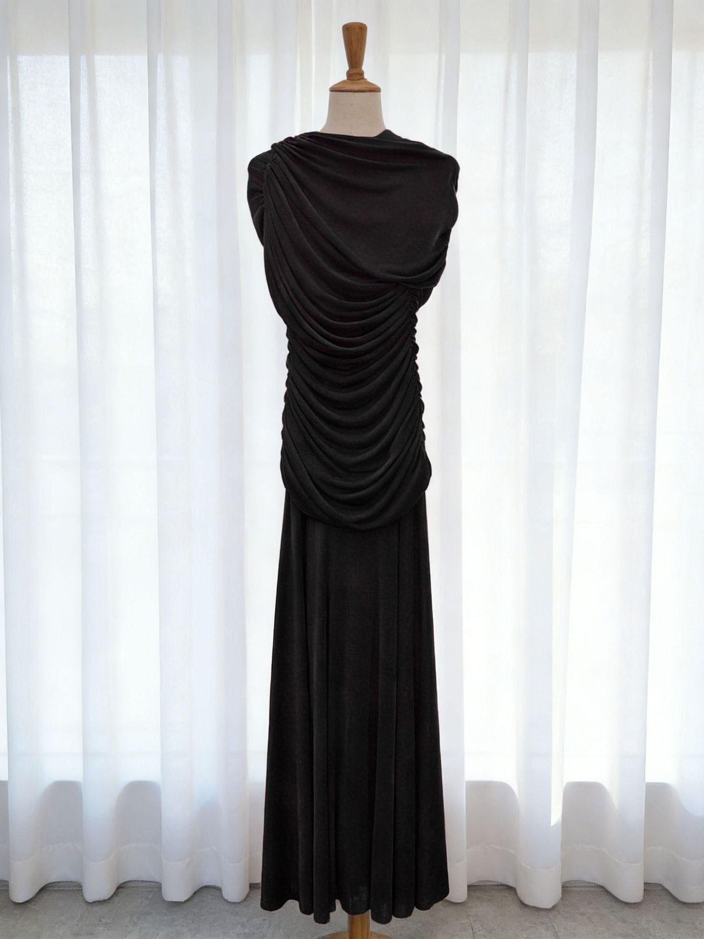 Sleeveless Turtleneck Dress With Gathered Waist