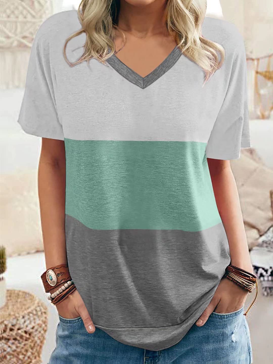 Women's Color Matching V-neck Casual Loose Short Sleeves