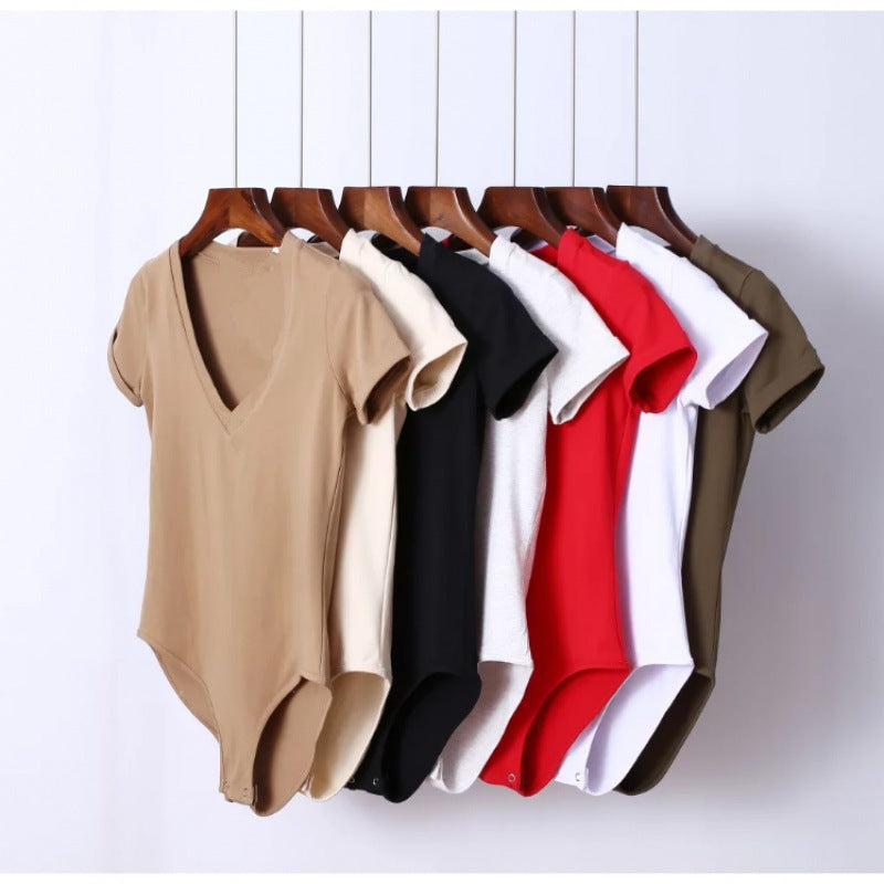 Women's Fashion Solid Color Stretch Slim V-neck Short Sleeve Rompers