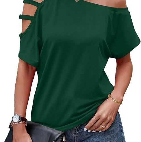 Womens Fashionable New Off-shoulder Asymmetrical Hollow-out Casual Short-sleeve Top